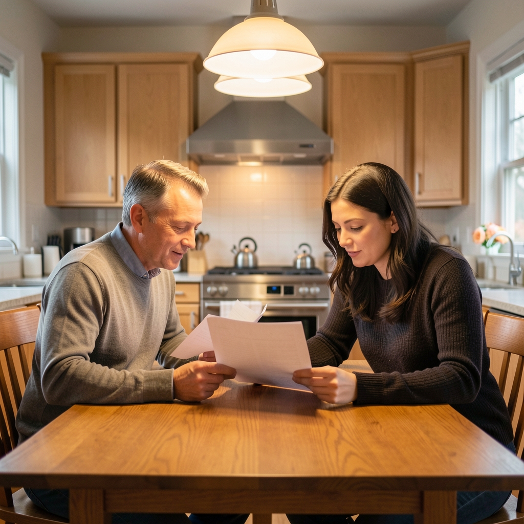 Two people seated at a kitchen table reviewing printed documents together under warm overhead light