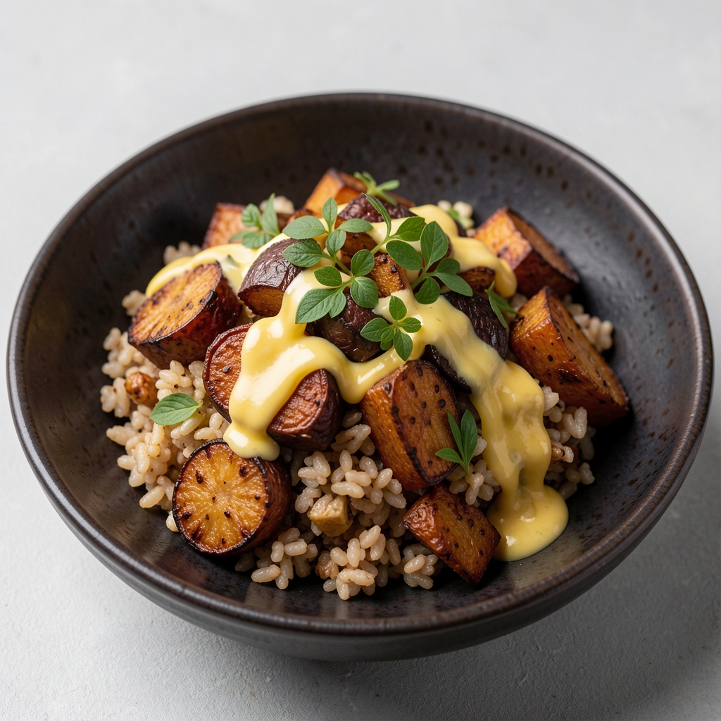 Close-up of a grain bowl with roasted root vegetables, fresh herbs, and a lemon dressing on a dark ceramic plate, under studio lighting