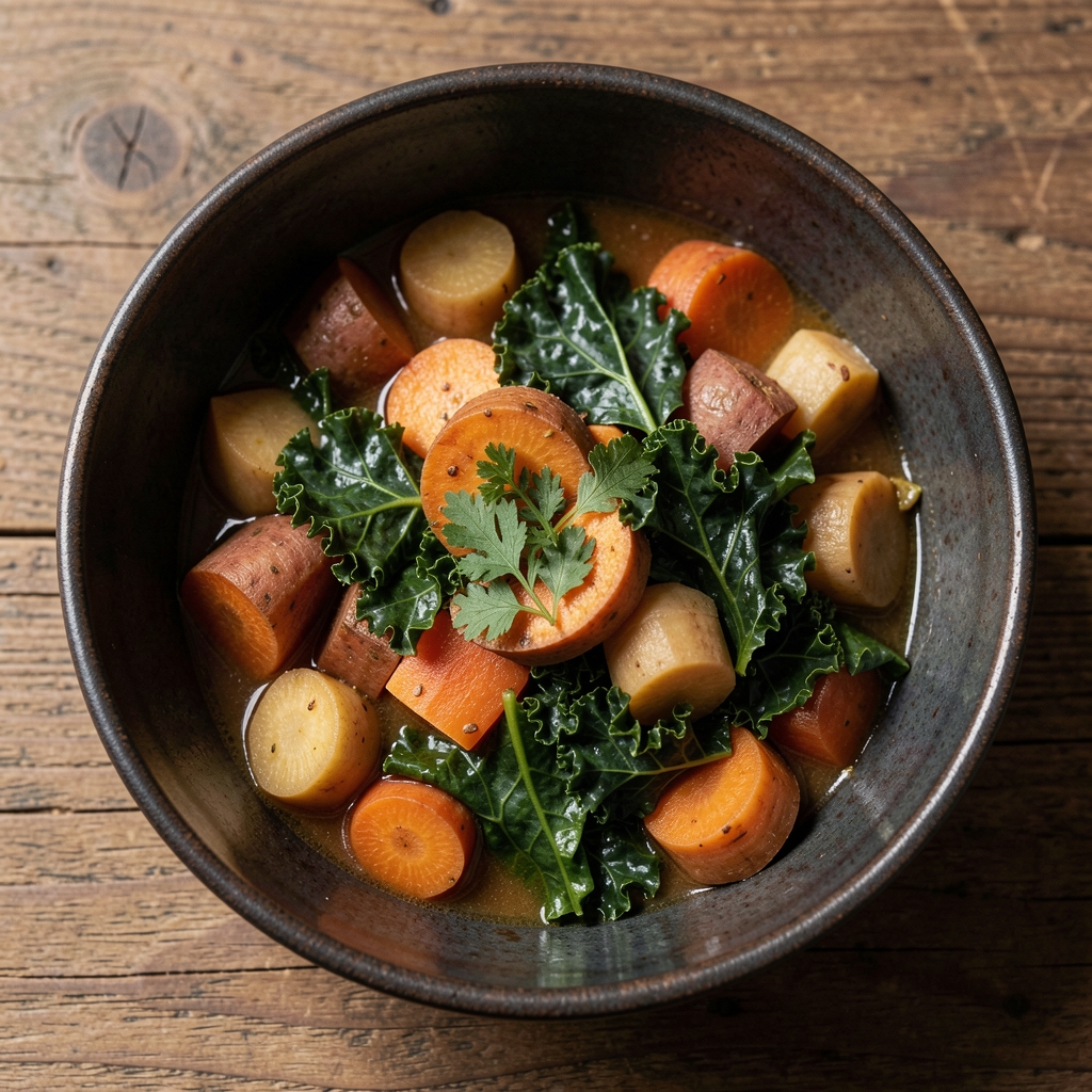 Dark ceramic bowl containing a winter vegetable stew with kale, root vegetables, and fresh herbs, photographed from above in natural side light
