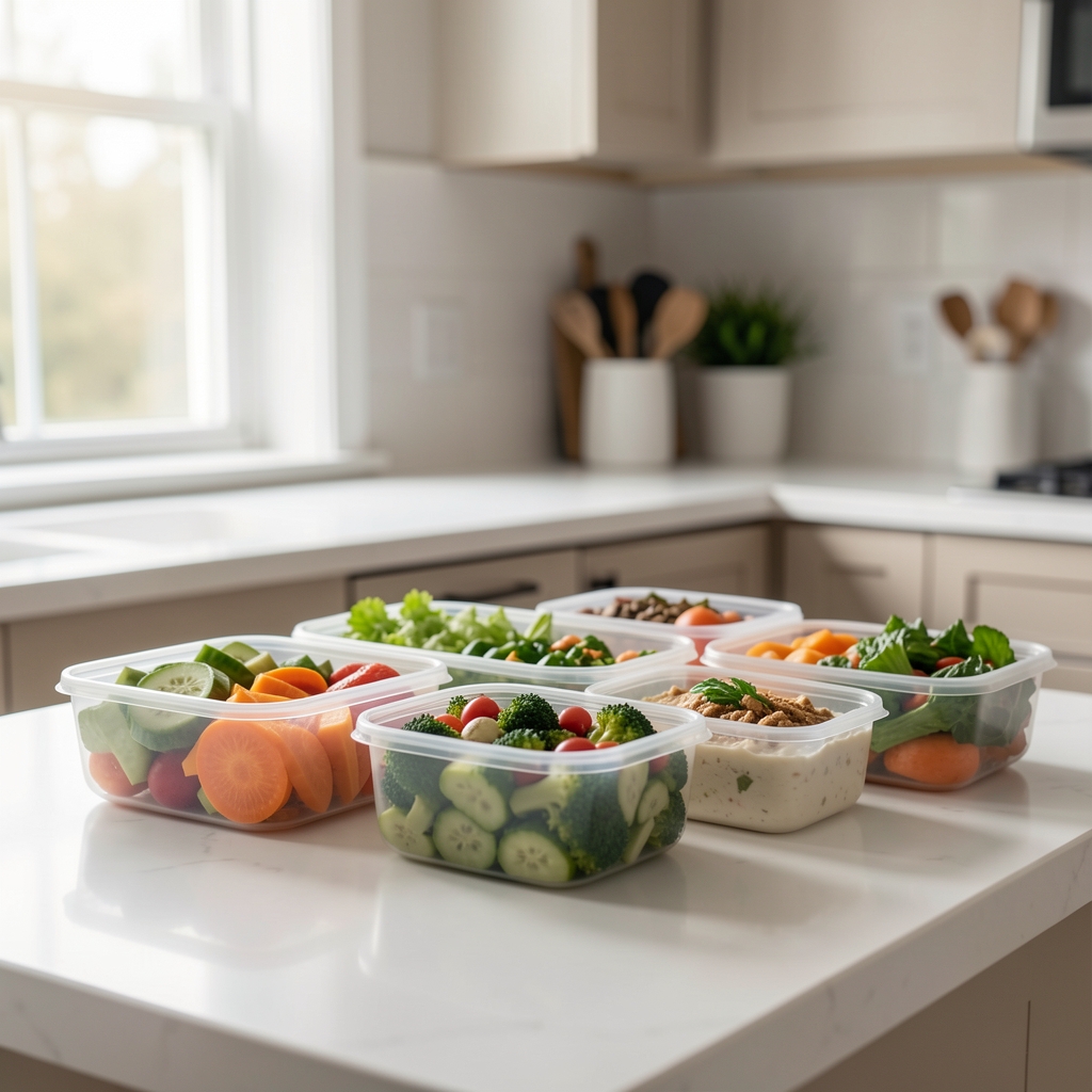 Portion-controlled meal prep containers lined on a clean kitchen counter with natural window light streaming from the left