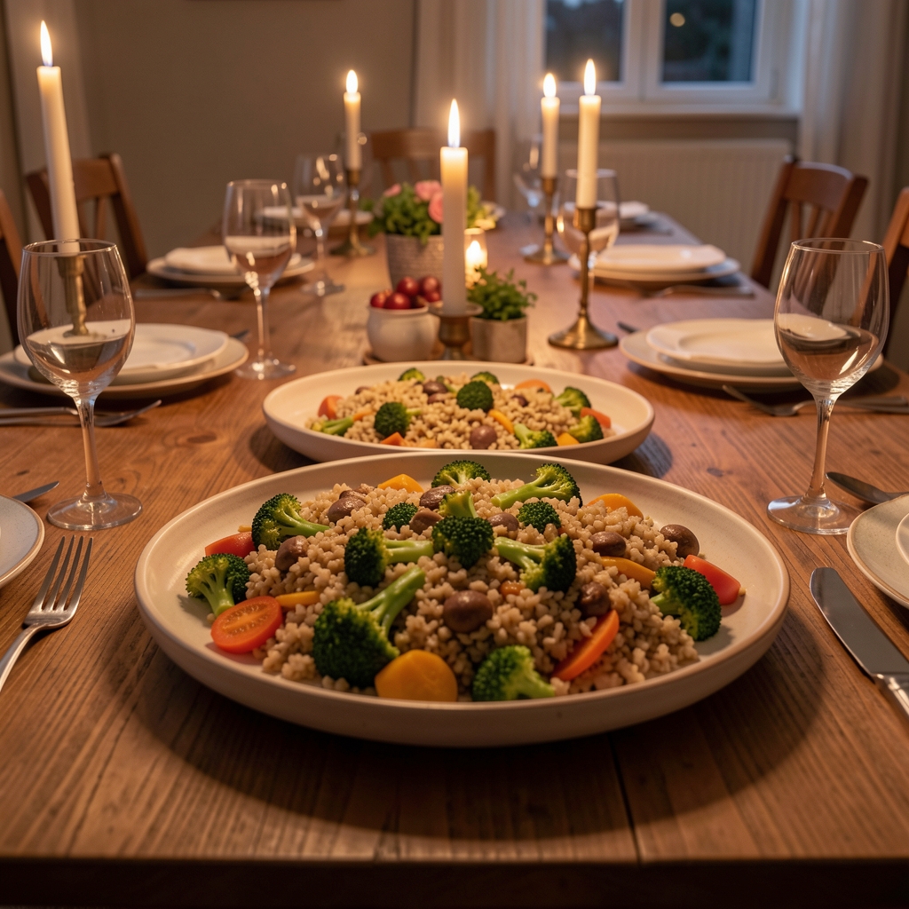 Round ceramic serving dishes with cooked grains and vegetables placed in the centre of a wooden dining table, candlelight and warm evening light