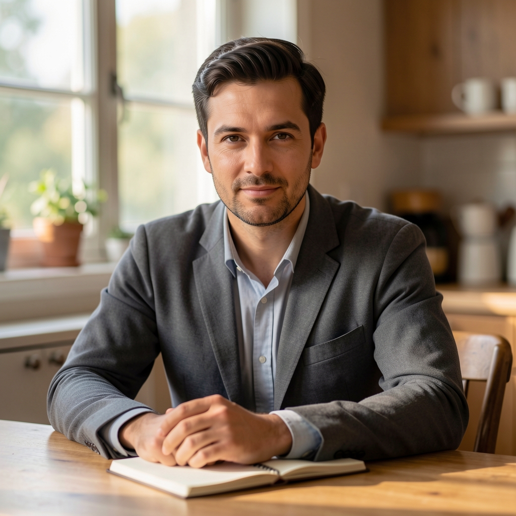 Editorial portrait of a writer in a quiet workspace under soft natural light