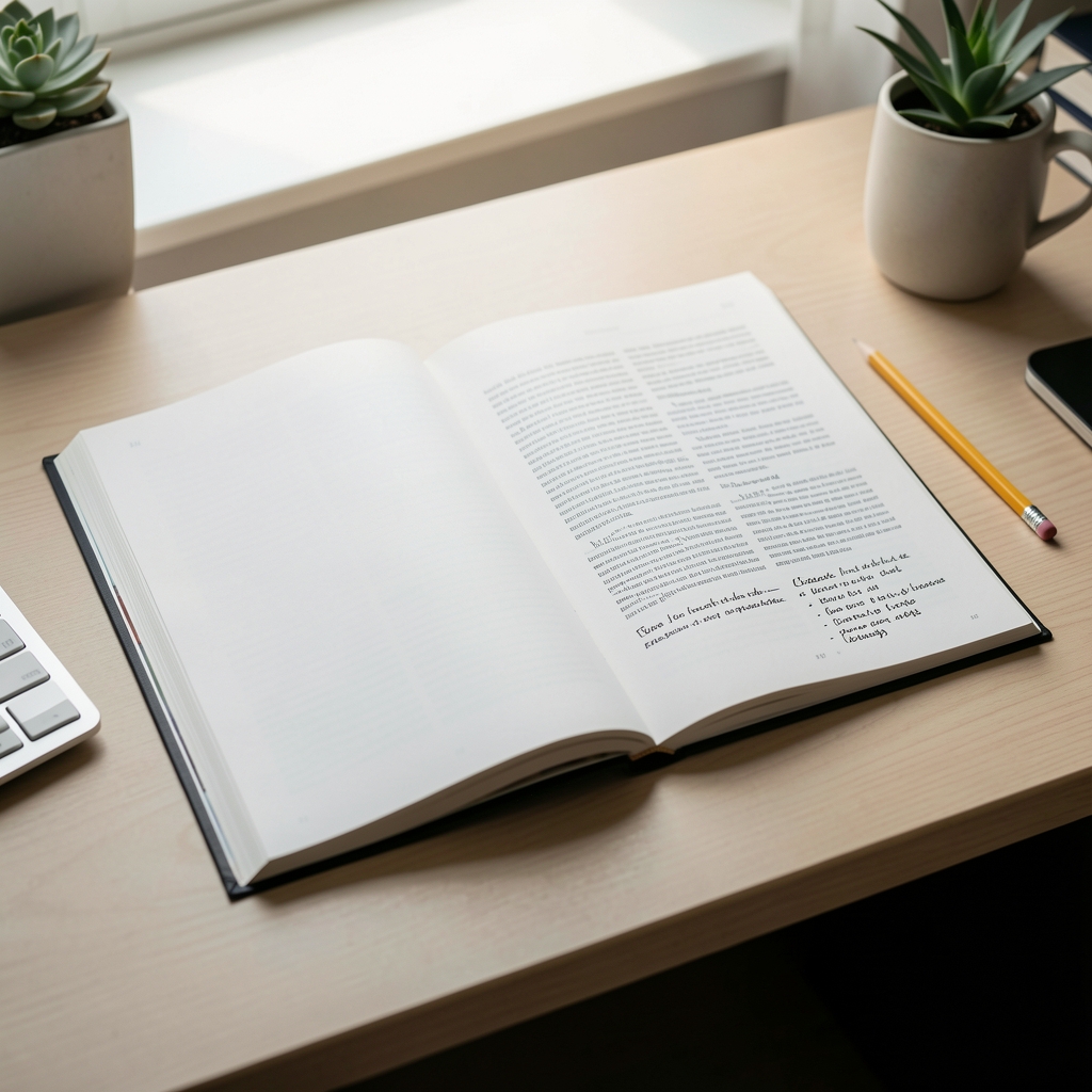 Printed journal pages spread on a clean desk with a pencil and editorial notes in the margin, in a quiet workspace