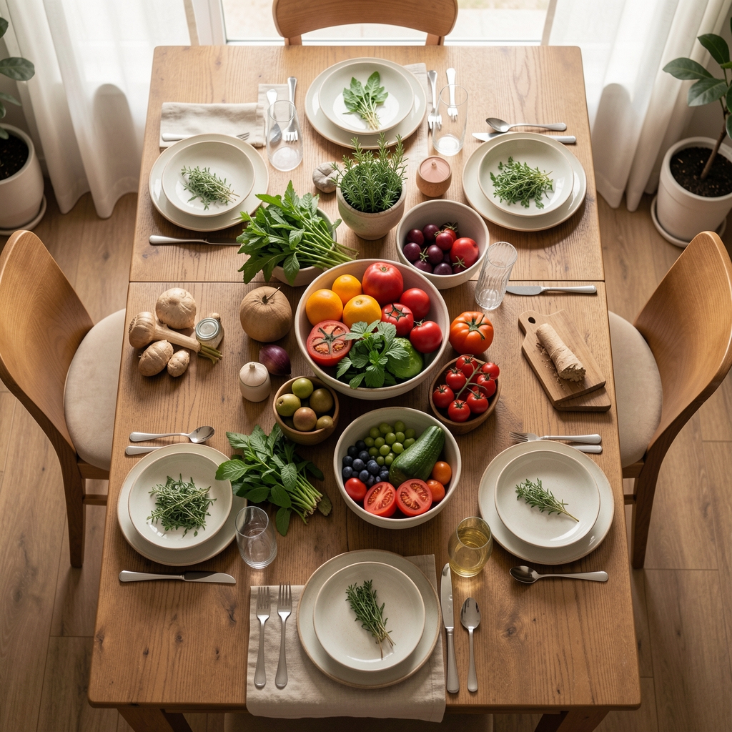 Overhead view of a carefully arranged dining table with seasonal produce, ceramic bowls, and fresh herbs in soft morning window light